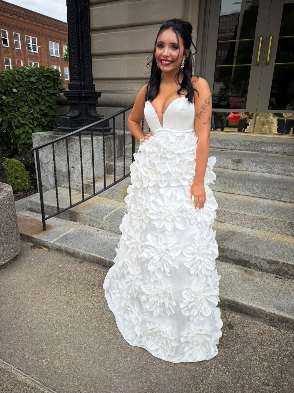 Jovani White Strapless Floral Appliqué Prom Gown